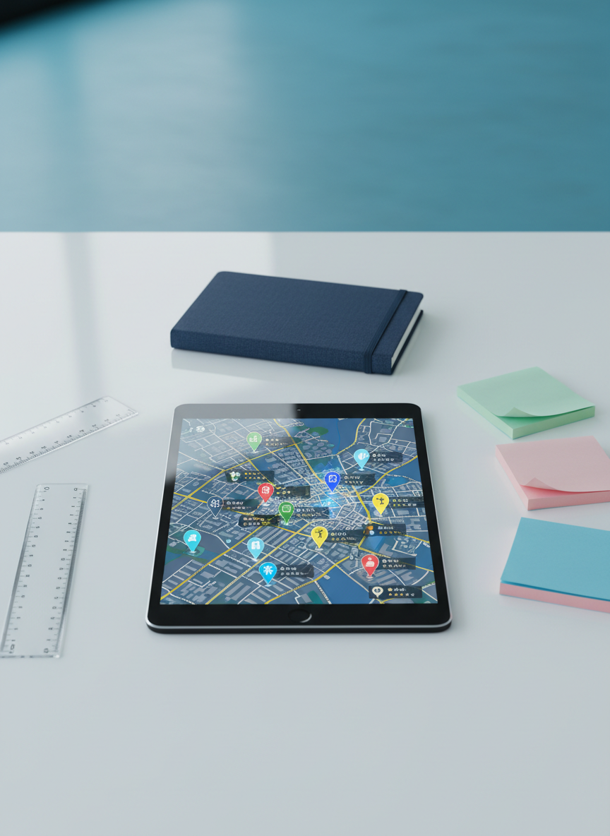 A sleek tablet lying flat on a white, glossy table displays a detailed map of a city with pinpoint markers representing different tutoring centers, each labeled with subject icons and ratings. Around the tablet are neatly arranged stationery: a transparent ruler, sticky notes in muted pastel tones, and a closed navy-blue notebook with a textured cover. Overhead soft studio lighting reflects subtly off the tablet screen without glare, giving a crisp, professional feel. The background fades into a gentle, out-of-focus gradient of blues and whites. Photographic realism, top-down composition with sharp focus throughout, conveying order, accessibility, and the ease of finding the right cram school through a digital platform.
