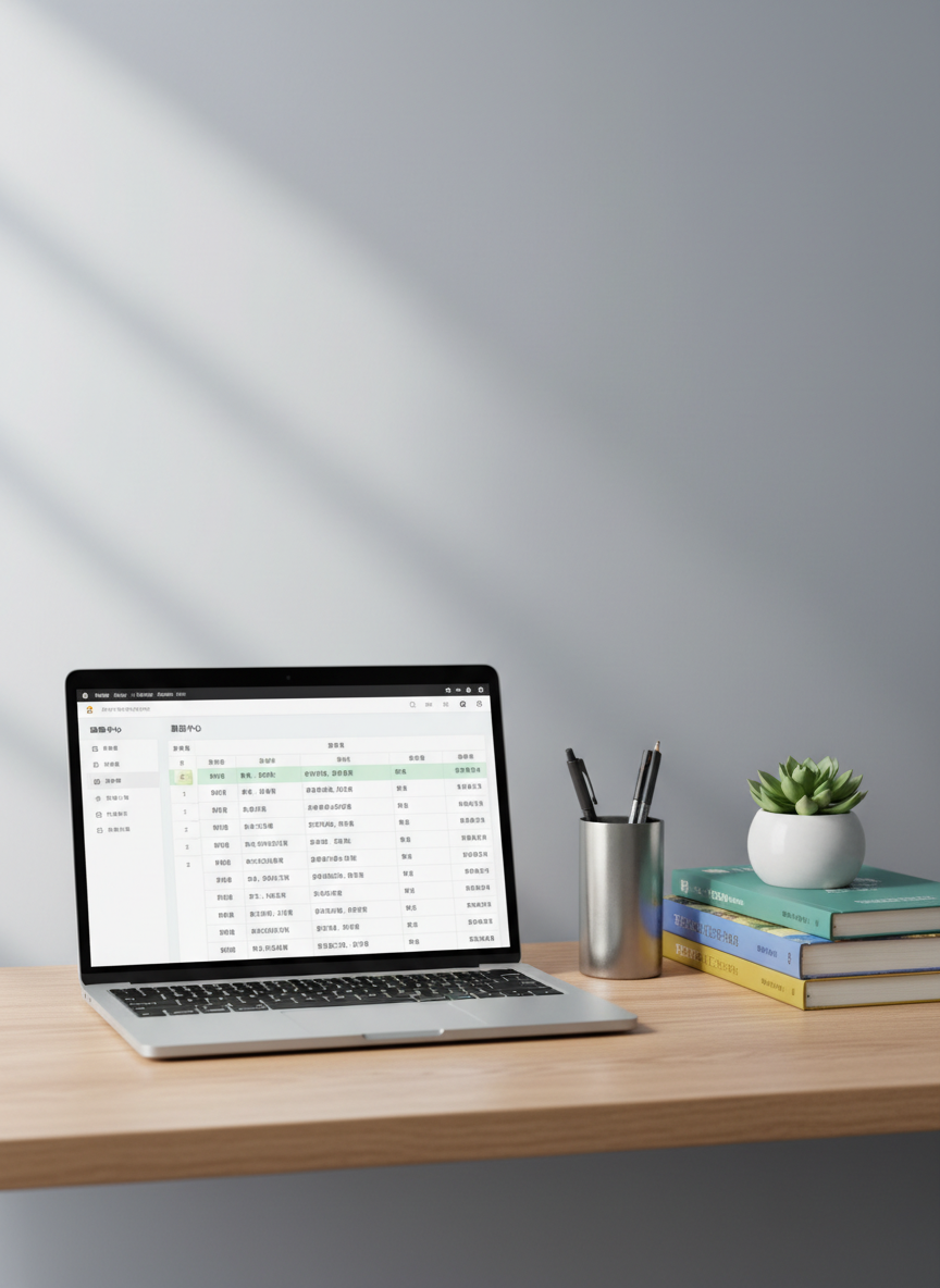 A modern, minimalist study desk made of light oak wood holds an open laptop displaying a clean dashboard of tutoring centers and course listings in Chinese. Beside it, neatly stacked textbooks with colorful spines are arranged next to a slim, metallic pen holder and a small potted plant in a white ceramic pot. The desk stands against a soft grey wall with a subtle gradient, suggesting a calm digital workspace. Soft, diffused daylight from an unseen window casts gentle, natural shadows, creating a professional yet inviting mood. Photographic realism, shot at eye level with a shallow depth of field that keeps the laptop interface in sharp focus while the background softly blurs, emphasizing clarity, organization, and trustworthy educational matching.