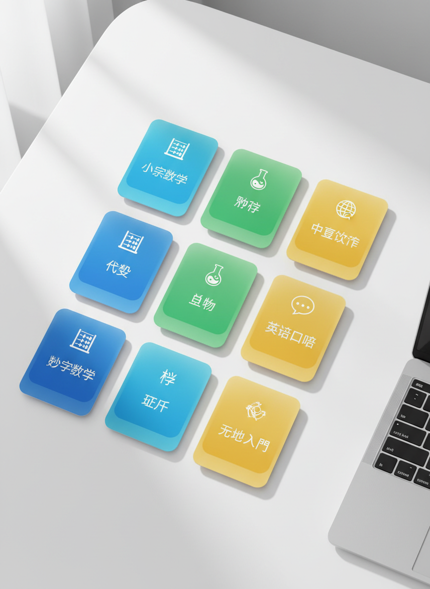 A set of organized, color-coded course cards laid out on a smooth, matte white surface, each card representing a different subject like math, science, and languages with clean icons and concise Chinese titles. The cards have rounded corners, subtle shadows, and soft gradients that suggest an intuitive interface. A slim, silver laptop partially appears at the edge of the frame, hinting at digital management. Gentle, indirect daylight from the left creates soft highlights on the card edges, enhancing their tactile, realistic appearance. Photographic realism, shot from a slightly elevated angle using the rule of thirds, with crisp details and a calm, professional atmosphere that communicates structured learning choices and transparent information for parents.