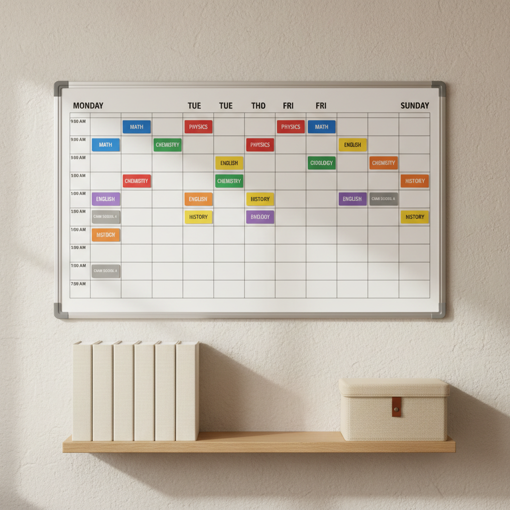 An elegant whiteboard mounted on a light beige wall is meticulously filled with a weekly timetable of tutoring sessions, written in neat printed text with different colored magnetic labels for each subject and cram school. Below the board, a narrow floating shelf holds a row of closed, uniformly bound course materials and a minimalist, sand-colored storage box. Diffused overcast light from a nearby window softly illuminates the scene, creating gentle shadows under the shelf and magnets. Photographic realism, eye-level composition with balanced framing, everything in sharp focus. The mood is orderly and reassuring, evoking the sense of a carefully planned education journey coordinated through a professional matching platform.